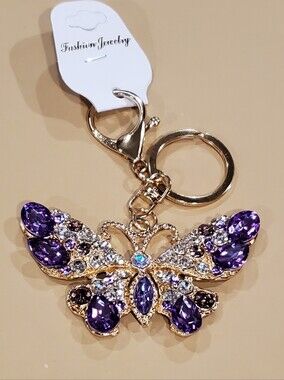 Gold Butterfly Keychain with Purple and Clear Crystals